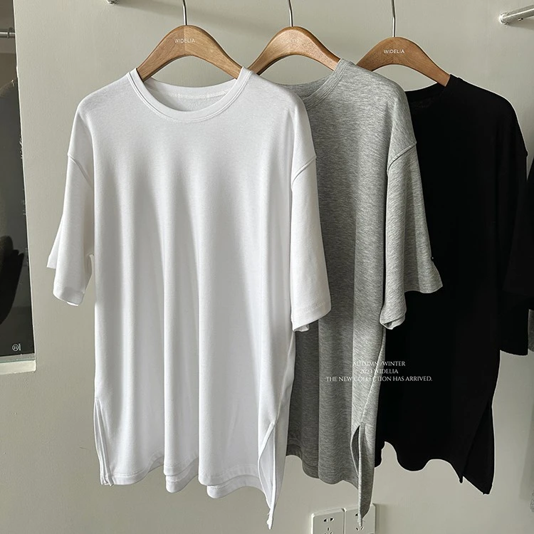 widelia冬季磨毛纯色短袖T恤女宽松休闲侧开叉打底百搭上衣9329