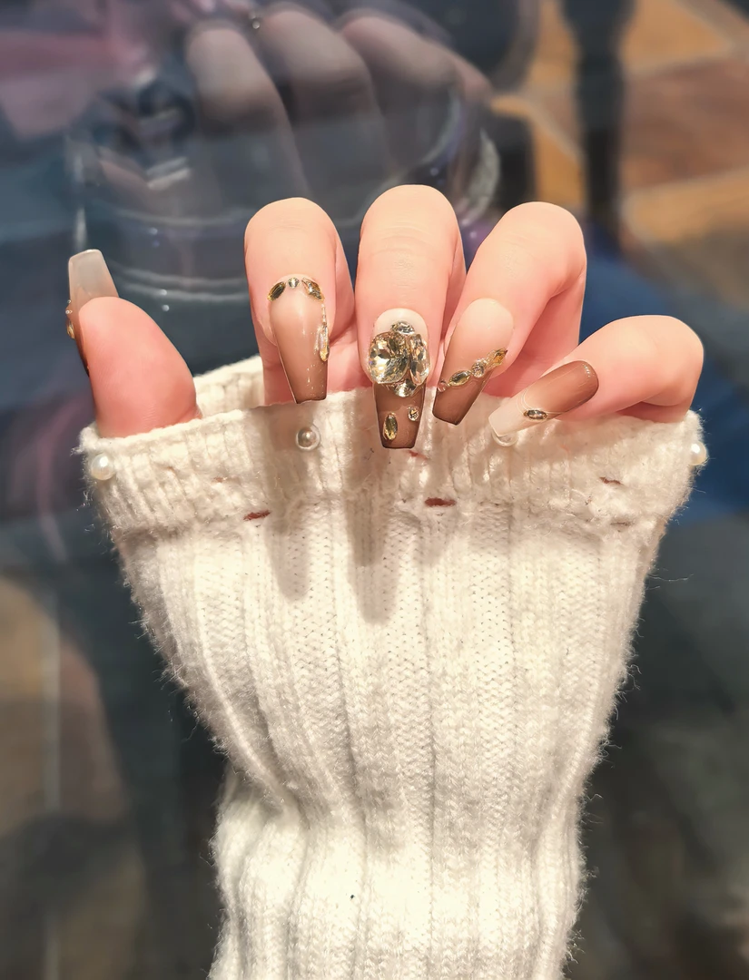 【乌龙茶】闪钻渐变纯手工穿戴甲102406