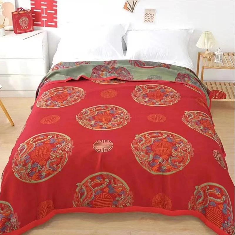 床盖/龙凤呈祥2.3*2.5米大红色结婚纱布盖毯婚庆四季通用喜字床单