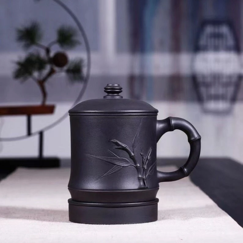 宜兴原矿紫砂茶杯套装纯手工五件套泡茶杯带过滤茶水分离杯黑泥