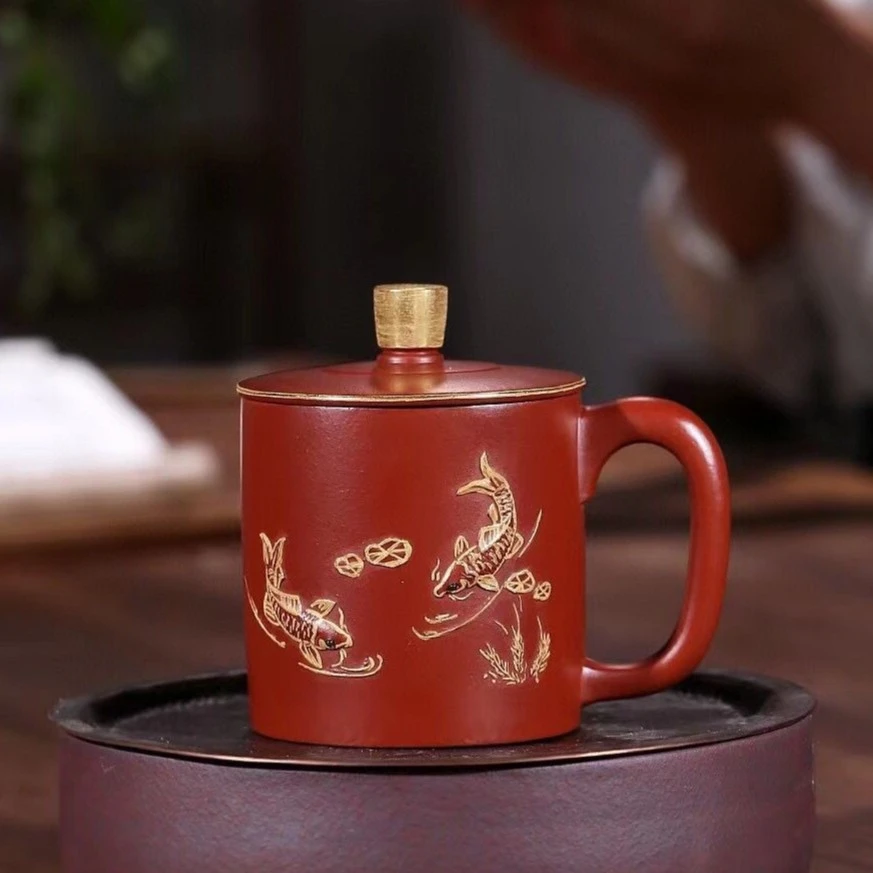 宜兴紫砂杯纯手工功夫茶杯男士办公室茶具单杯会议杯子描金鱼乐杯