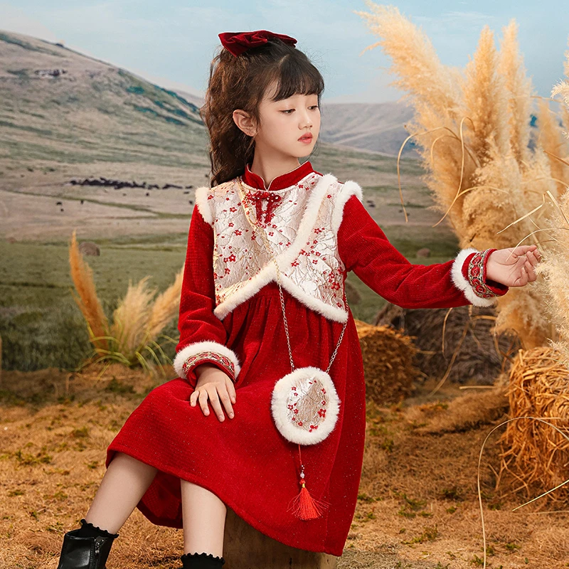 儿童2025新款冬装 女童新中式背包裙连衣裙 女孩中国风新年装裙子