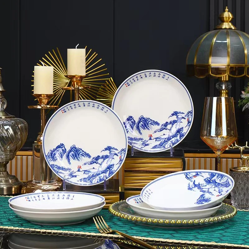 【青花山水8英寸圆盘6个装】破损补发