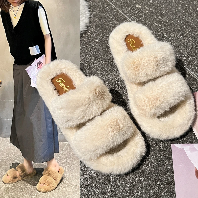 2024年时尚298双带百搭外穿厚底软底女毛毛拖鞋