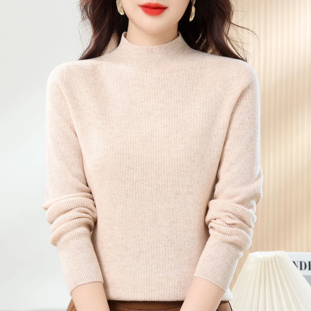 hanyang/晗洋全羊毛无缝弹力半高领羊毛衫2024女式羊毛100%套头衫