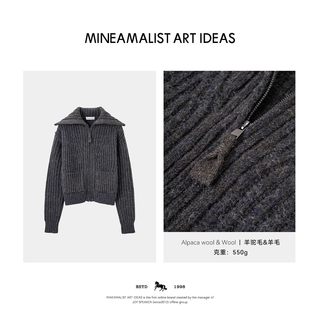 秋冬大翻领粗棒针羊驼毛羊毛短款拉链毛衣外套3068M