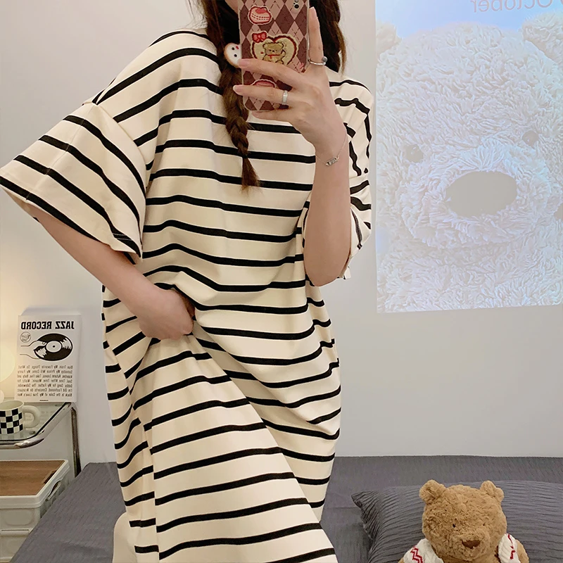 睡裙女夏天韩版可爱宽松女士中长款短袖大码学生睡衣春秋季家居服
