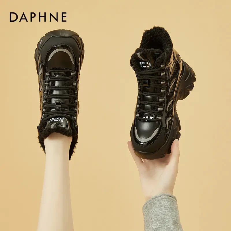达芙妮内增高女鞋2024新款加绒棉鞋厚底高帮休闲鞋秋冬运动老爹鞋