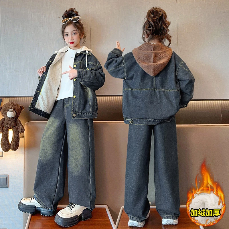女童秋冬装套装2025新款韩版儿童加绒加厚复古牛仔冬装洋气两件套