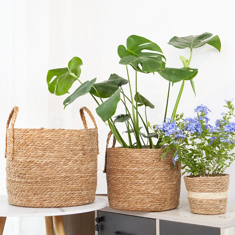 北欧风草编花盆客厅绿植装饰篮轻奢家居绿植手工盆栽框落地大花盆