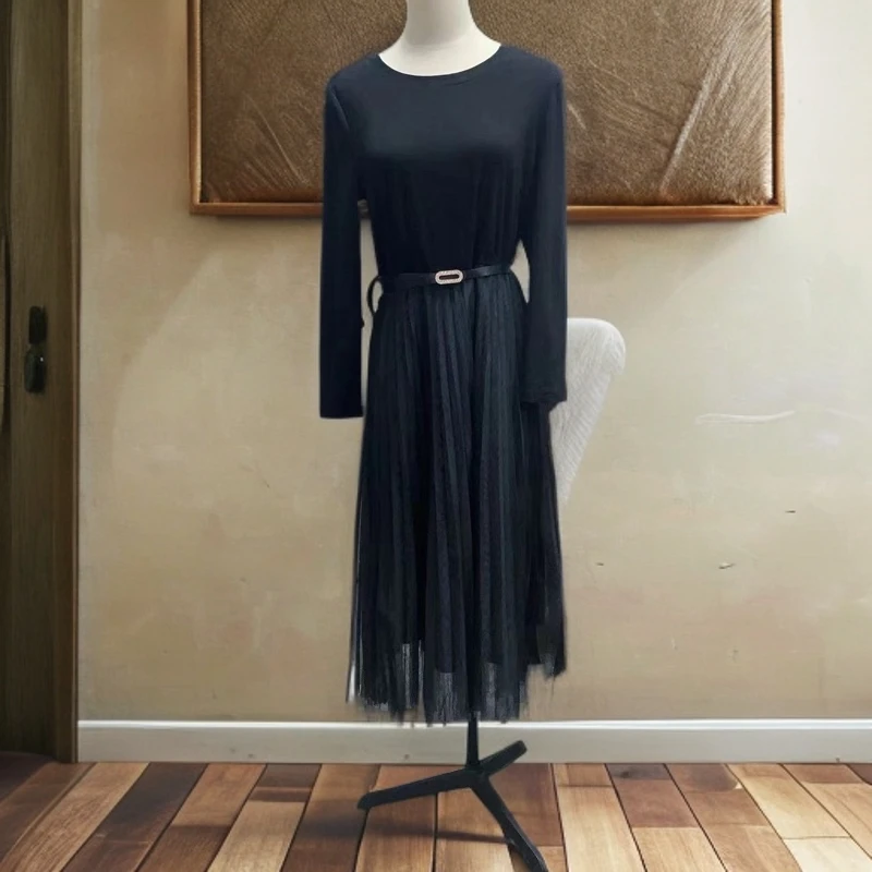 秋季新款纯色拼接网纱百褶内搭可外穿连衣裙q804