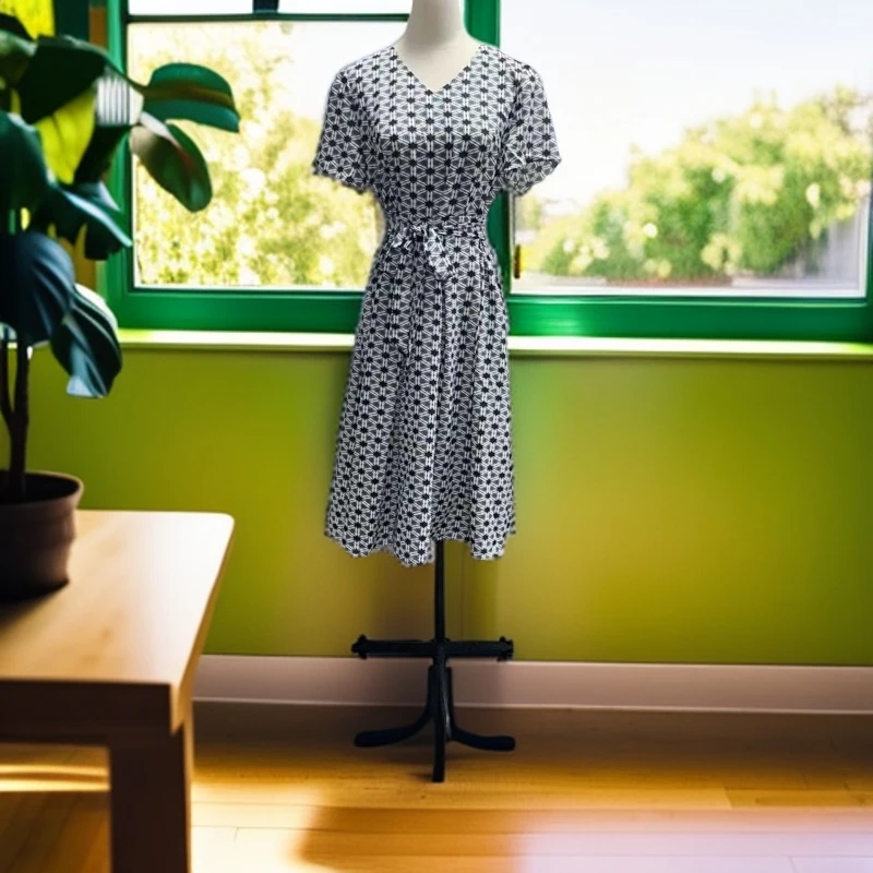 夏季新款黑白色规则印花收腰连衣裙q726