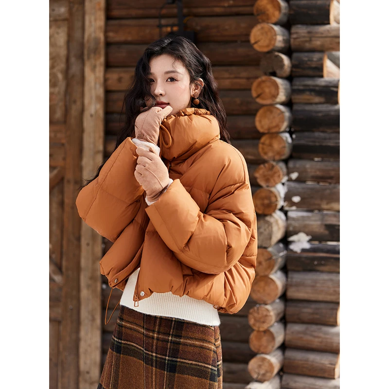 谜秀新南瓜橘色短款泡芙羽绒服女冬季小个子韩系白鸭绒外套时尚