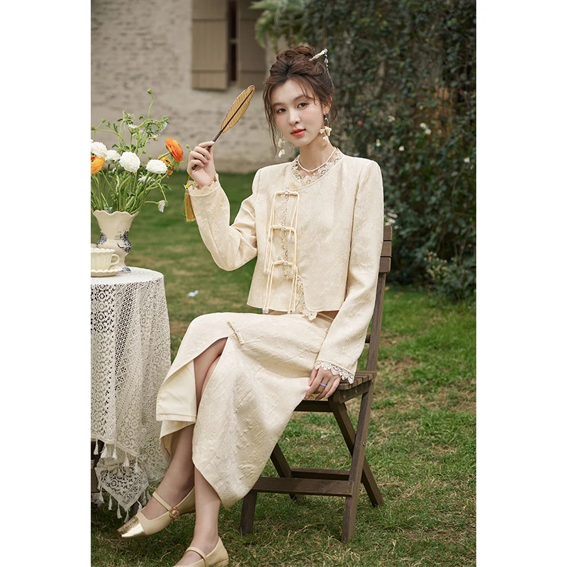 【年中大促】谜秀新中式蕾丝边长裙套装气质短款外套裙子两件套套装