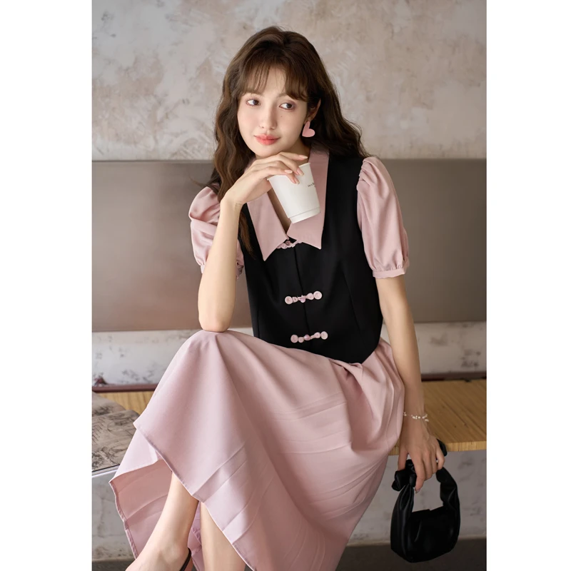 谜秀【年中大促】新中式连衣裙女气质法式显瘦夏季拼接连衣裙