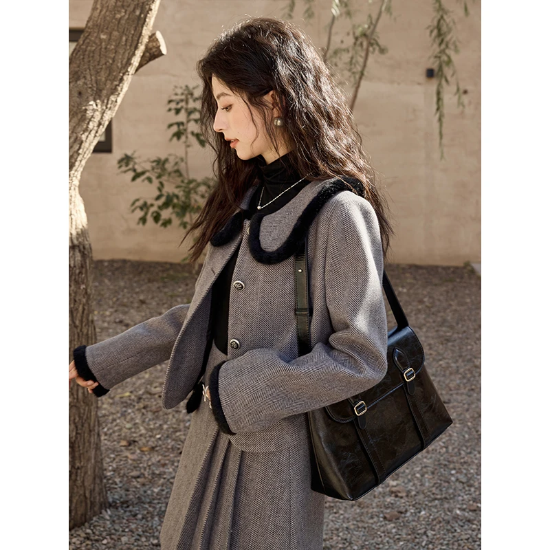 【反季大促】新品小香风毛呢灰色女2024冬季韩版高级感显瘦气质短款