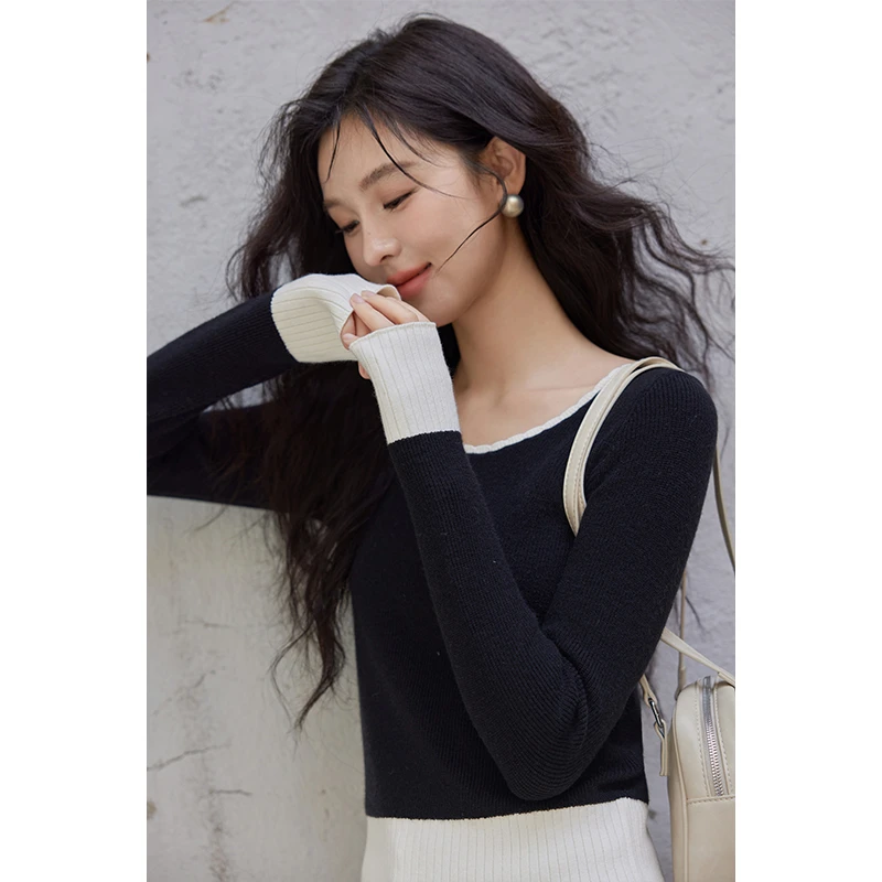 谜秀新品设计感撞色安迪绒打底针织衫女2024秋冬修身显瘦长袖短款