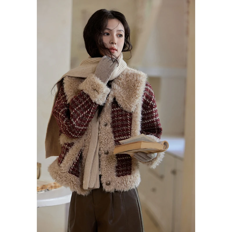 谜秀羊毛呢大衣红色千鸟格毛领外套气质保暖复古2024年冬上衣冬季