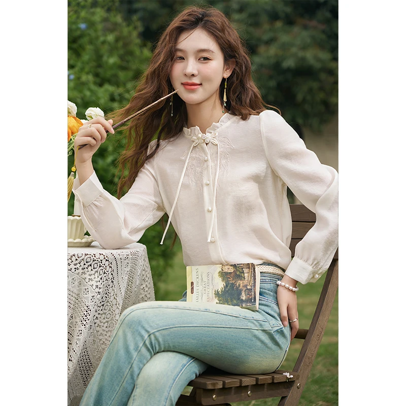 【年中大促】谜秀气质长袖天丝混纺新中式轻国风盘扣衬衫女刺绣立领