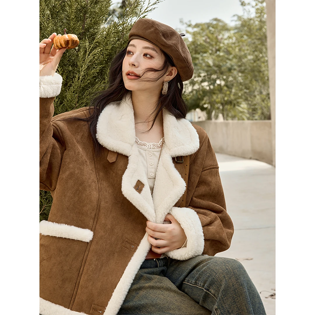 谜秀厚外套新品卡其色羊羔毛外套秋冬女双面穿加厚皮毛一体棉衣