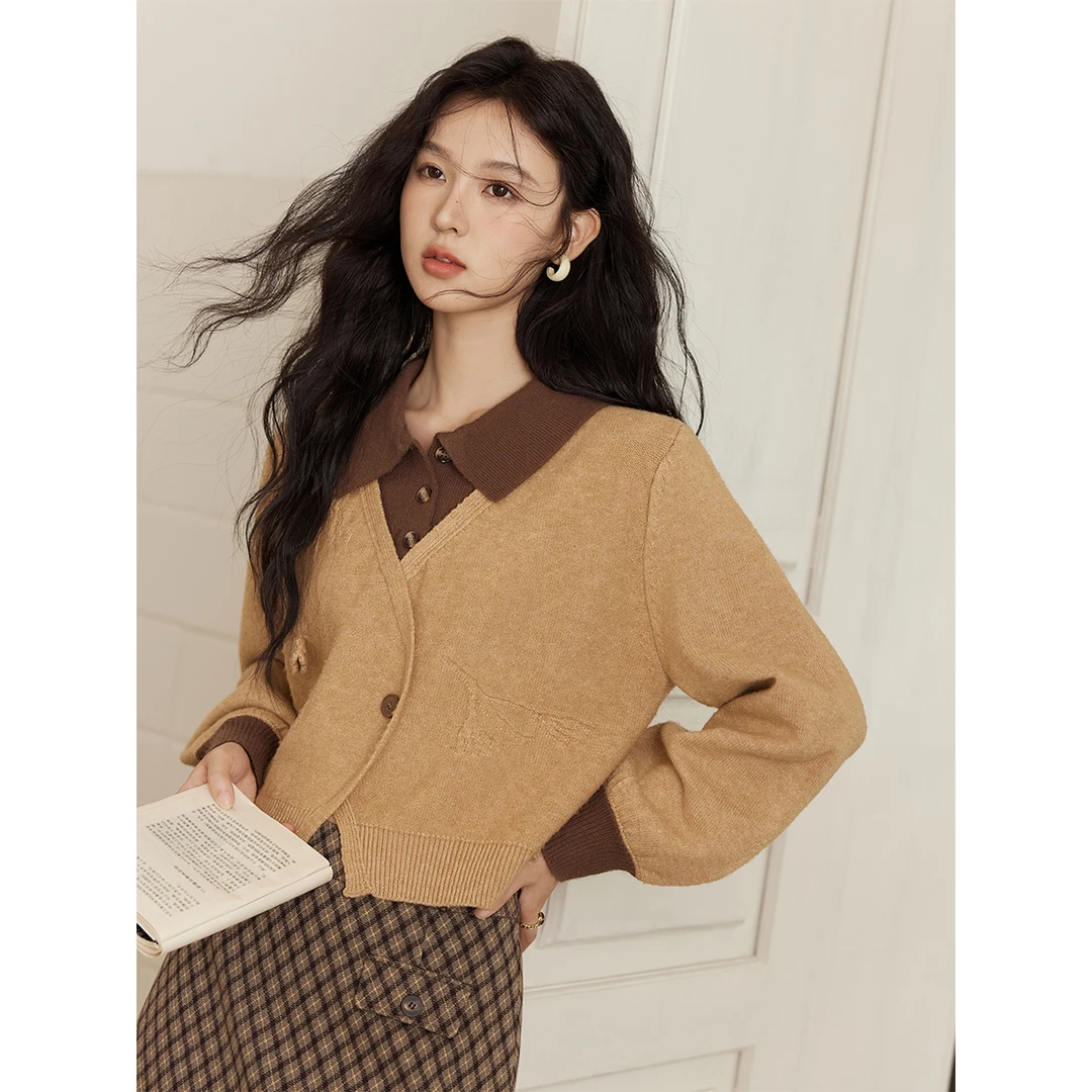 谜秀新品法式复古假两件毛衣2024秋季设计感显瘦毛针织衫女小香风