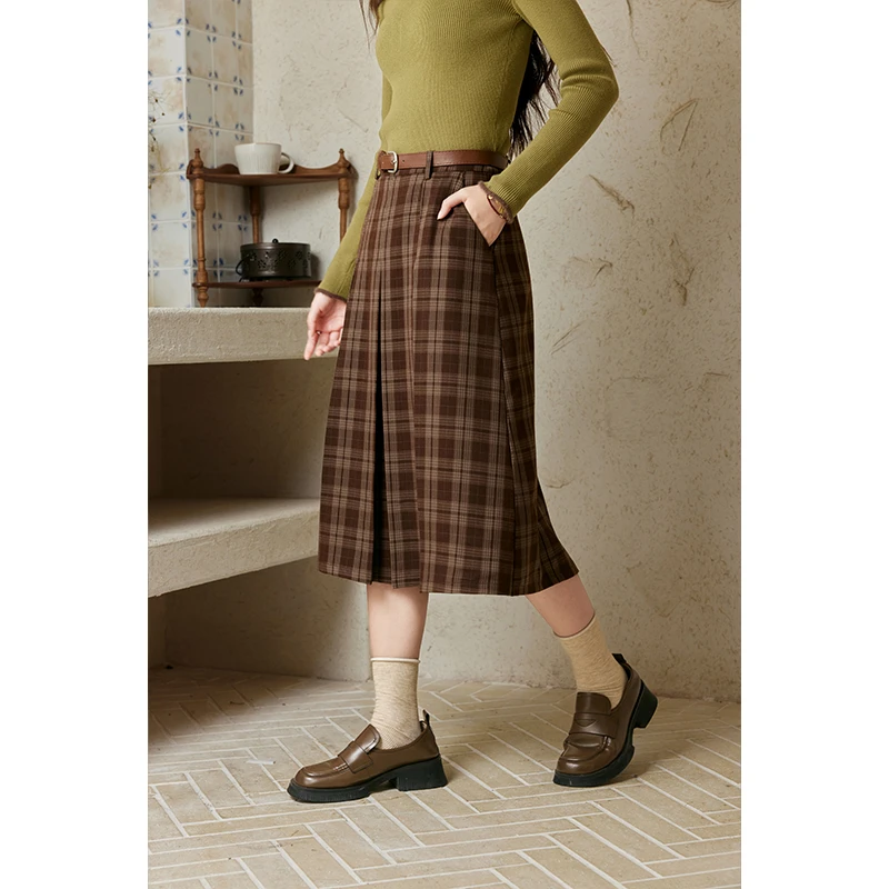 【年中大促】谜秀格纹半身裙初秋2024复古百褶裙设计高腰中长款格子