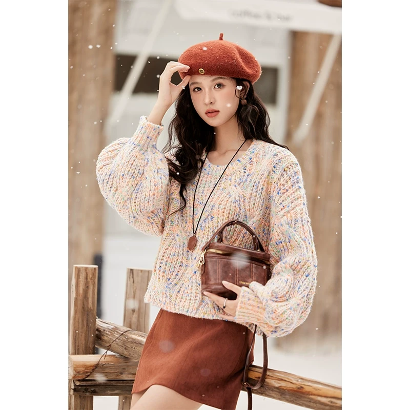 【年末大促】谜秀设计感毛衣2024冬季时尚宽松彩点慵懒上衣针织休闲