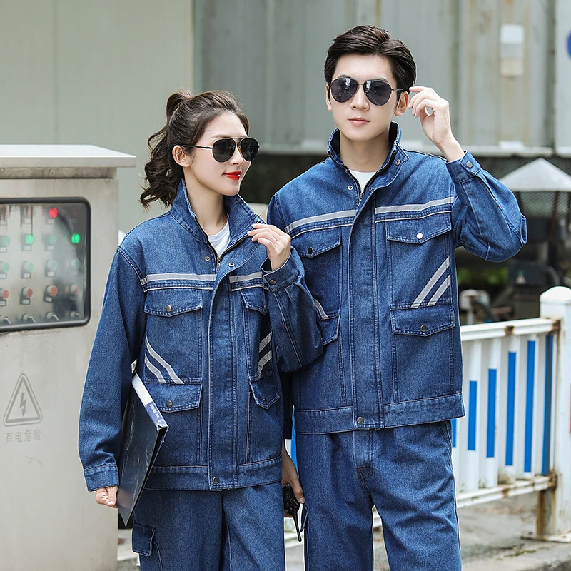 牛仔夏季工作服套装男加厚防烫焊工服耐磨工地电焊工劳保服长袖