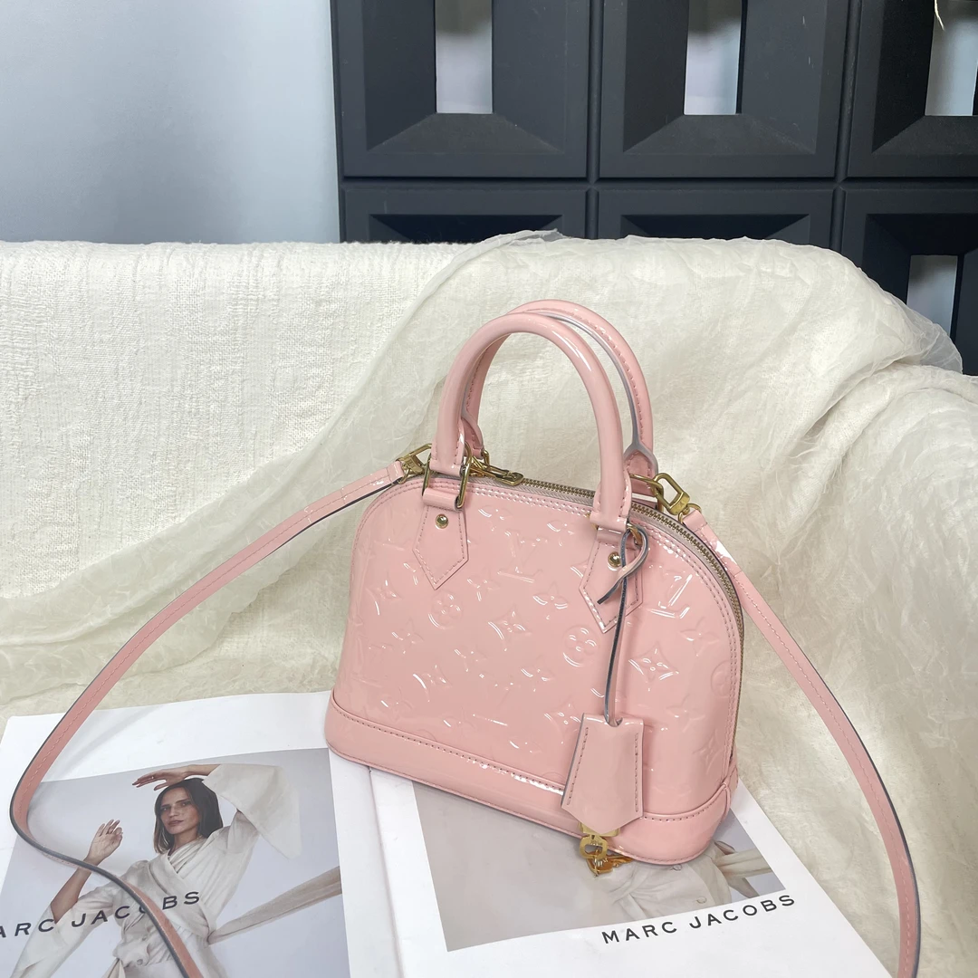 95新 LouisVuitton/路易威登 樱花粉老花贝壳bb手提斜挎包