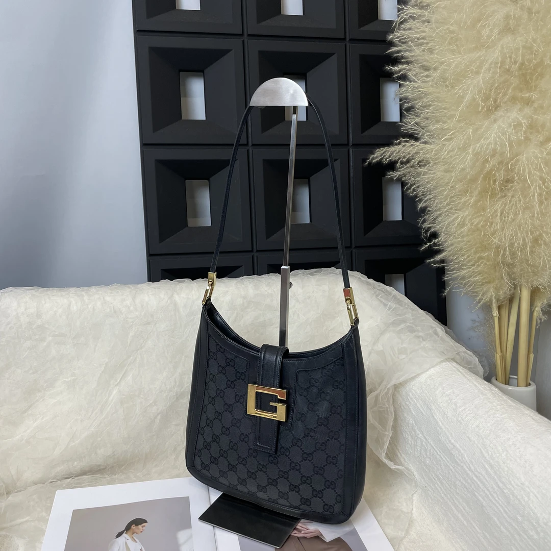 95新 GUCCI/古驰 黑金暗纹老花单肩包