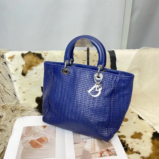 95新 DIOR/迪奥 宝蓝色编织手提托特包