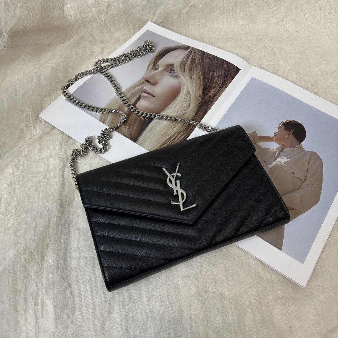 95新 YSL/圣罗兰 黑银鱼子酱V纹信封链条包