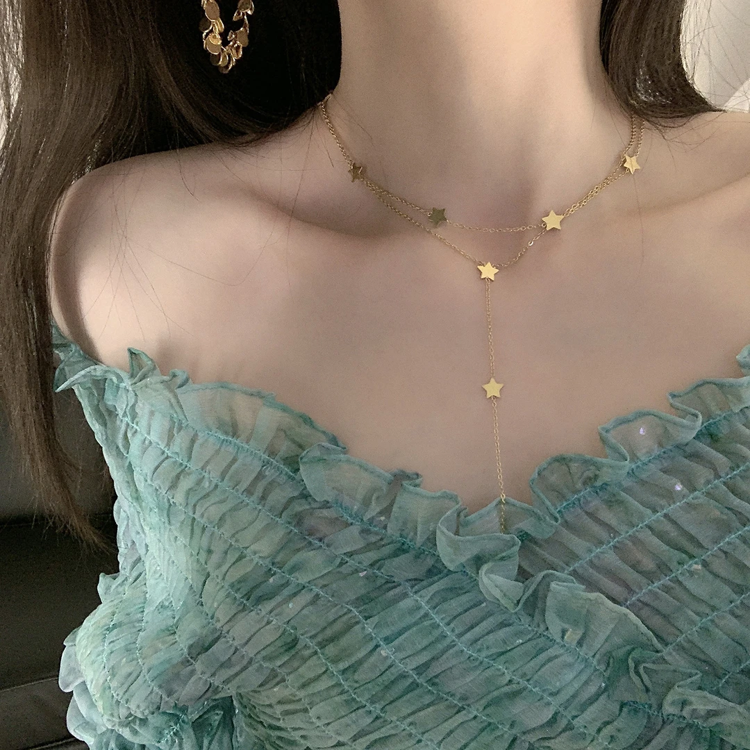 钛钢项链 小众设计感双层五角星项链时尚百搭叠戴锁骨链个性颈链