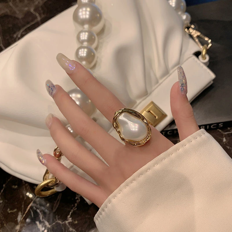 铜合金戒指 复古不规则珍珠戒指个性时尚指环潮小众设计ins食指戒