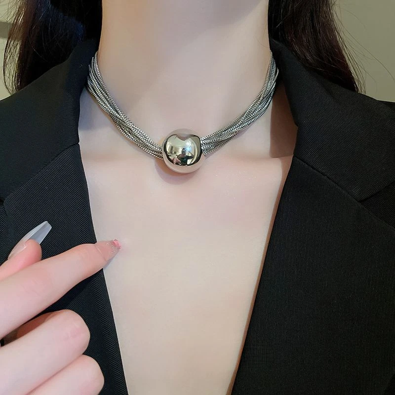 铜合金项链 欧美夸张多层个性冷淡风圆球吊坠项链时尚锁骨脖颈链