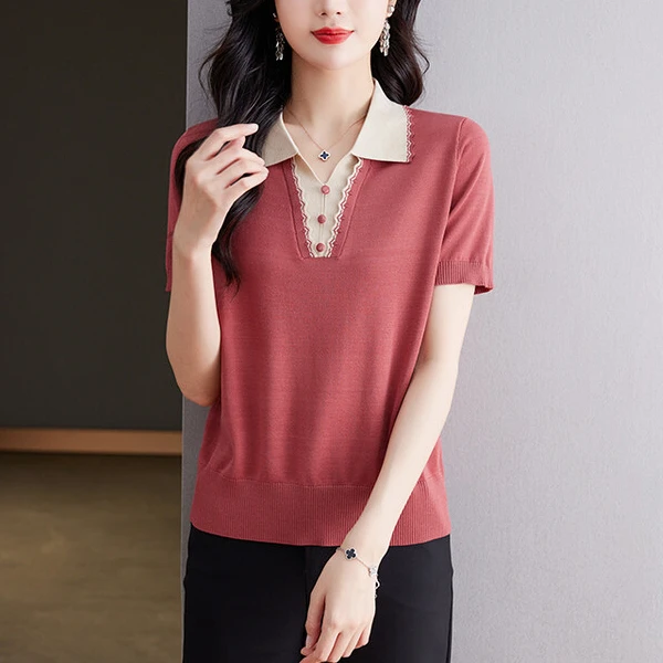 夏季新款POLO领天丝短袖t恤女士时尚针织翻领洋气妈妈装体恤上衣