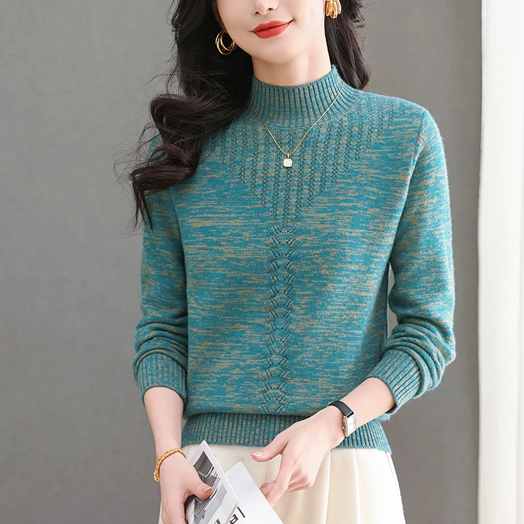 冬季新款半高领套头花纱针织衫女保暖加厚毛衣时尚百搭宽松打底衫