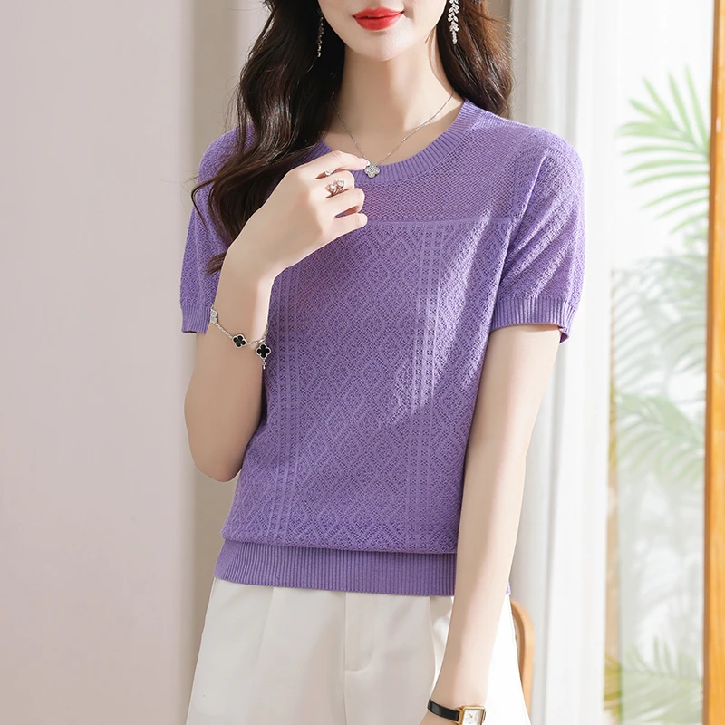 天丝短袖女夏季圆领镂空提花薄款针织时尚减龄洋气上衣百搭气质款