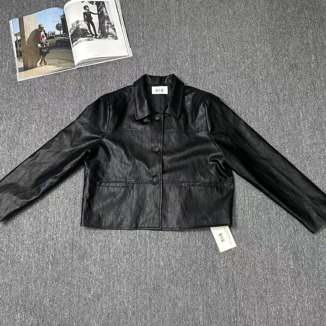 82205余小鱼 【百搭伴侣】黑色复古春秋气质韩版短款皮衣外套女装