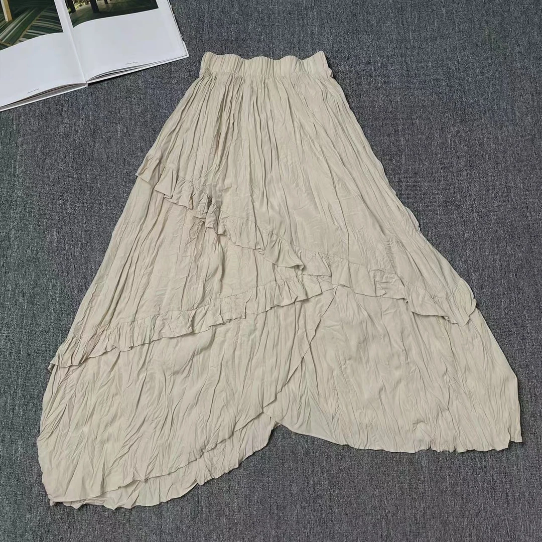 82204余小鱼 杏色褶皱木耳边松紧腰不规则百搭夏季韩版半身裙女装