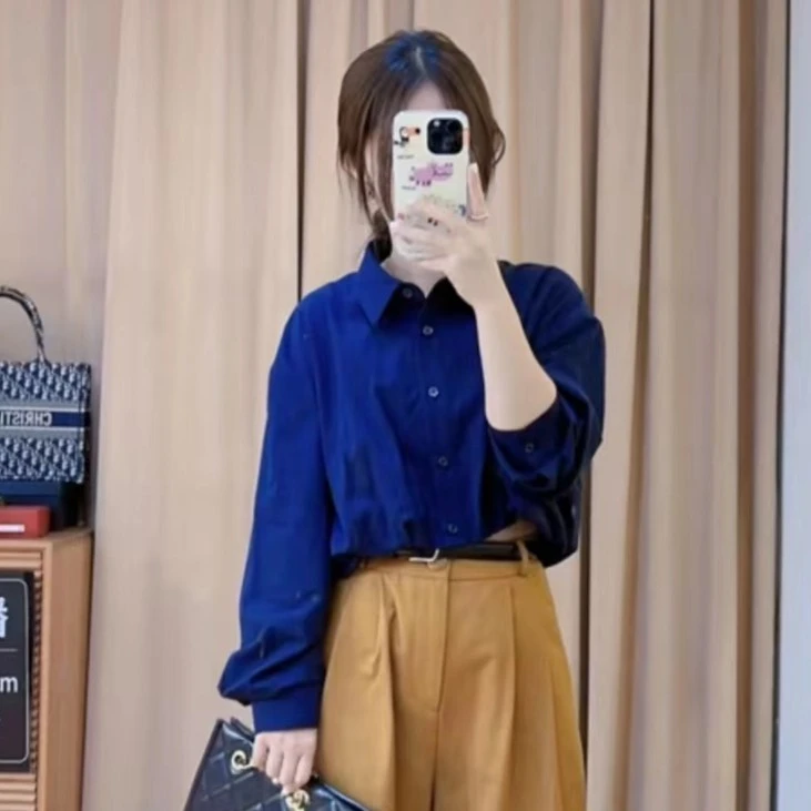 80731余小鱼 两色显白韩版时尚单排扣翻领短款长袖衬衫上衣女装