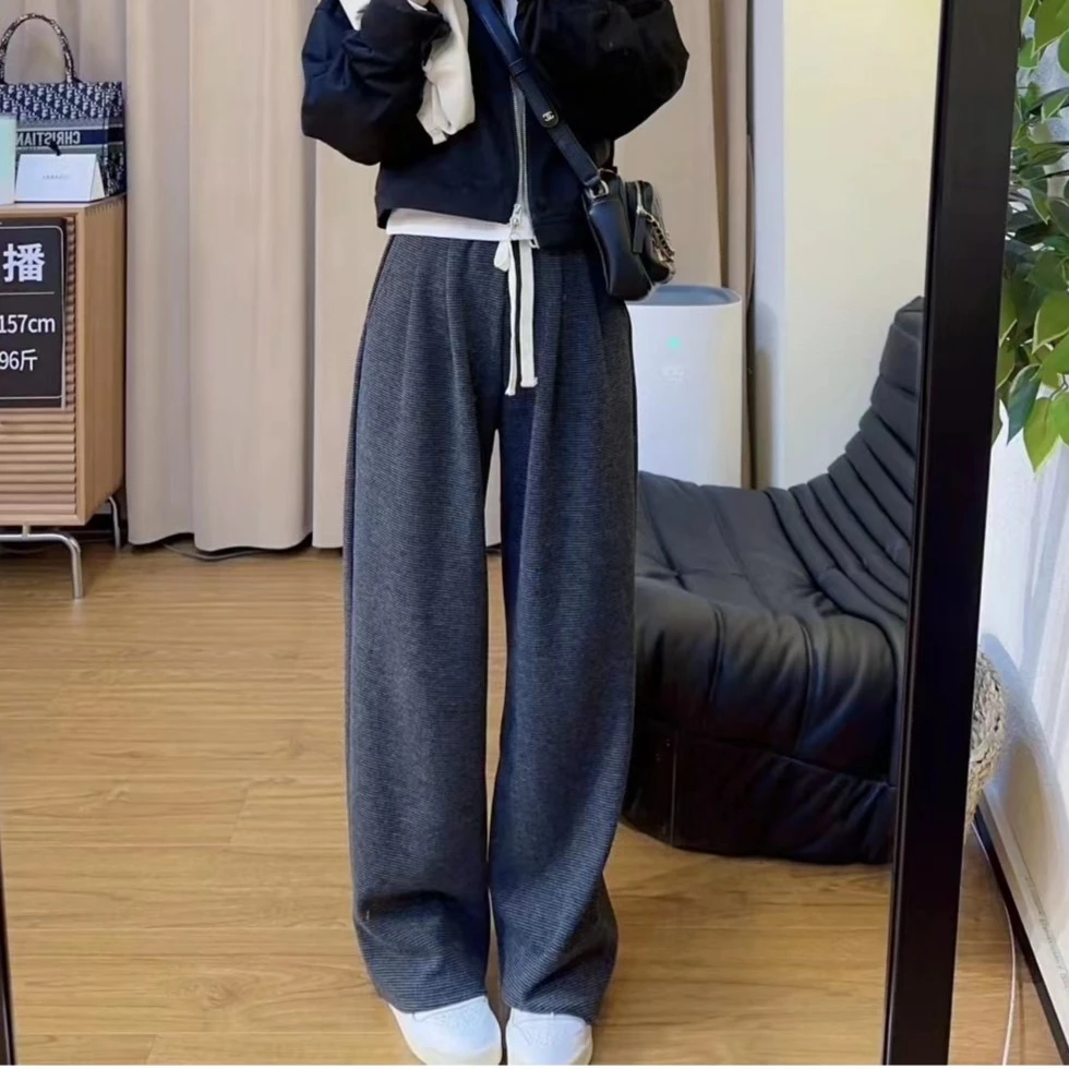 12675余小鱼 两色细条纹垂感显瘦松紧腰抽绳直筒休闲裤女装