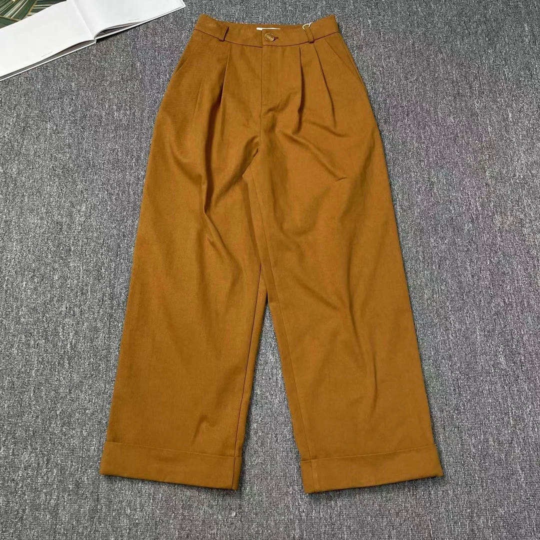 80949余小鱼 咖色翻边设计通勤宽松显瘦高腰直筒休闲裤女装