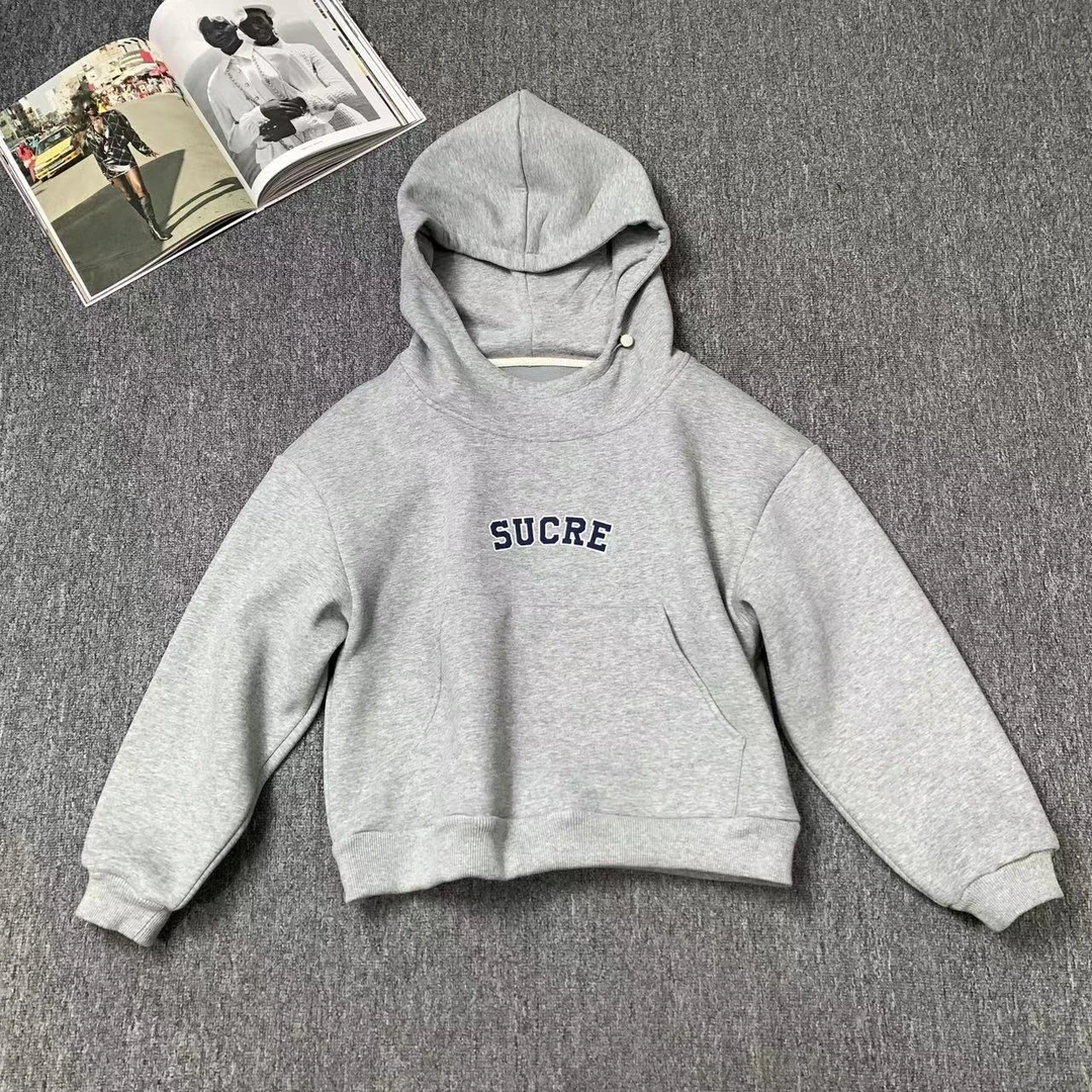 82201余小鱼 灰色字母印花韩系休闲百搭连帽加绒长袖卫衣女装