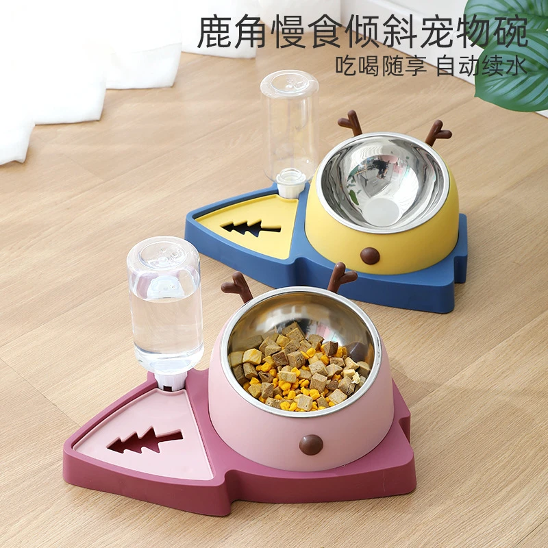 猫碗鹿角带饮水瓶慢食倾斜碗 自动续水双碗防噎宠物碗