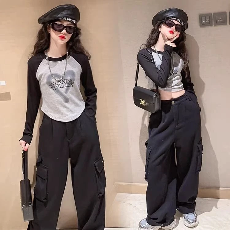 女童秋装圆领拼色长袖T恤2025秋季新款女孩休闲洋气时髦洋气上衣