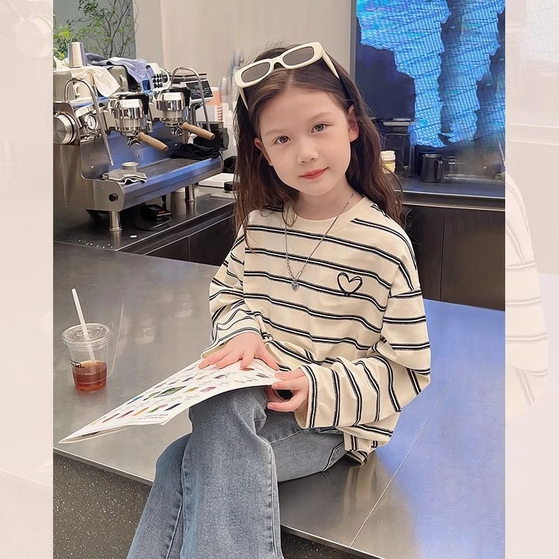 中大童装条纹t恤女童长袖打底衫儿童洋气中长款女孩2025秋季新款