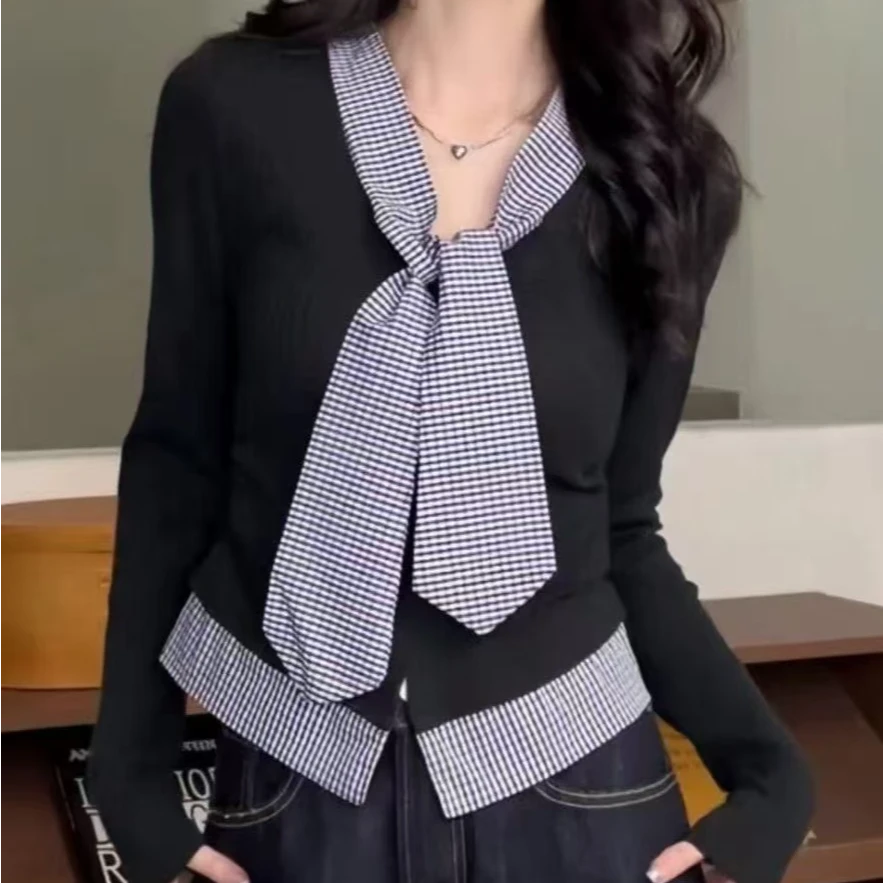 1108气质时尚学院风甜美上衣气质时尚百搭条纹经典黑白撞色拼色