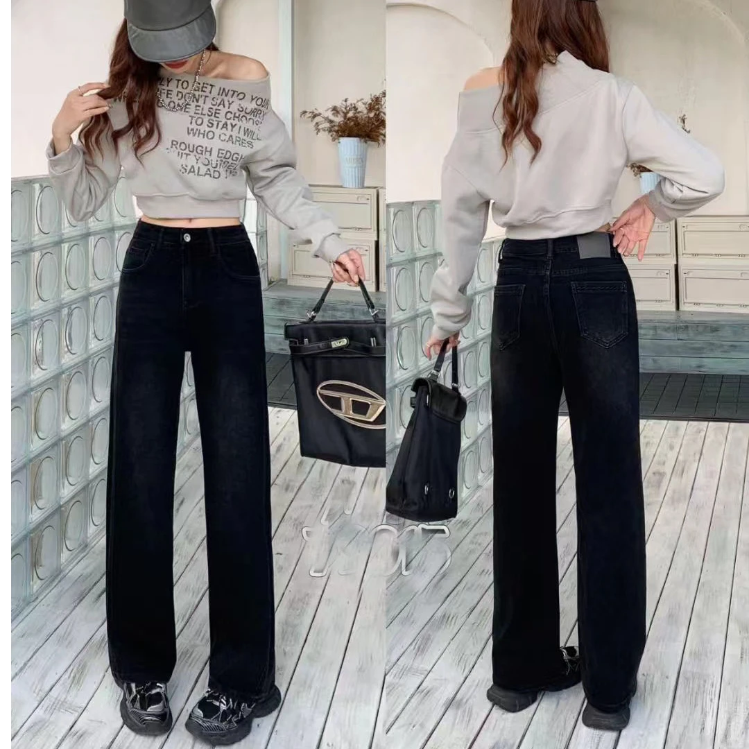 香港花牌宽松显瘦阔腿黑灰色牛仔裤女拖地裤2025春季时尚欧货韩版