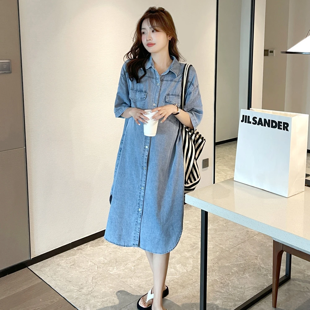 夏季新款孕妇裙韩版时尚款宽松大码连衣裙外出可哺乳牛仔衬衫裙潮